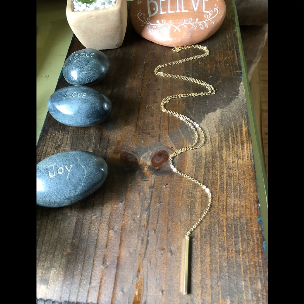 Minimalist 18K Gold Bar Lariat Y Necklace.